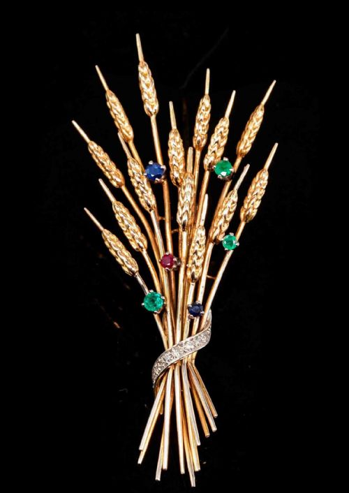 Antique 9ct Gold Harvest Wheat Brooch with Emeralds, Sapphires, Diamonds & Ruby