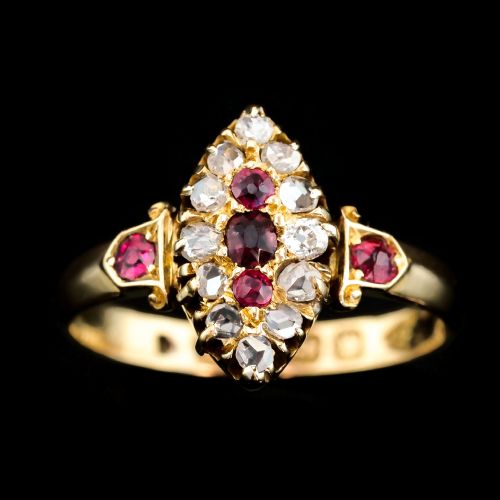 Antique Victorian Ruby & Diamond Navette Ring 18ct Gold - Birmingham 1886