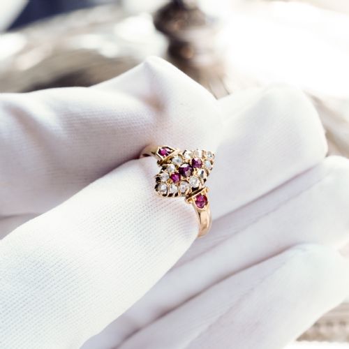 fig 1. Antique Victorian Ruby & Diamond Navette Ring 18ct Gold - Birmingham 1886