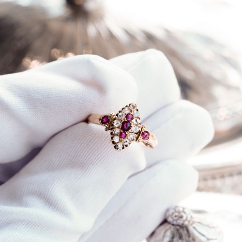 fig 3. Antique Victorian Ruby & Diamond Navette Ring 18ct Gold - Birmingham 1886