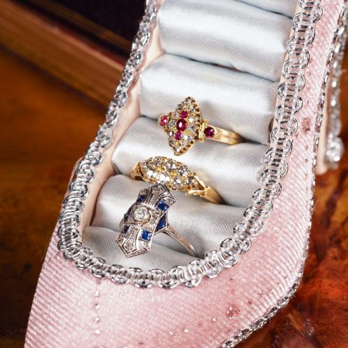 fig 5. Antique Victorian Ruby & Diamond Navette Ring 18ct Gold - Birmingham 1886