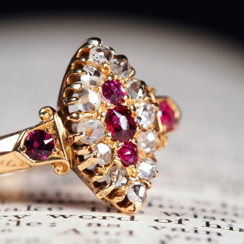 fig 7. Antique Victorian Ruby & Diamond Navette Ring 18ct Gold - Birmingham 1886