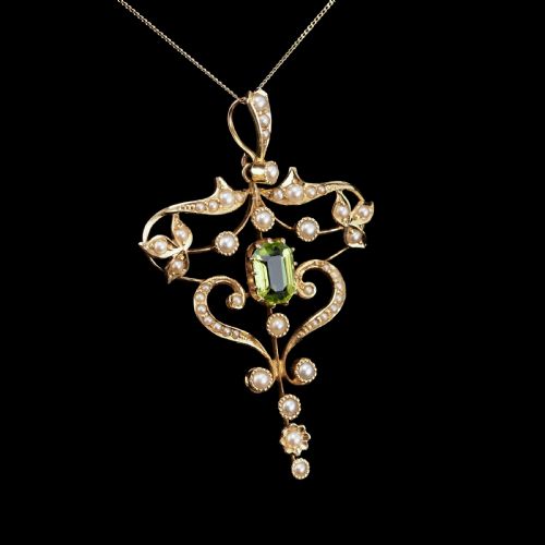 Antique Edwardian 15ct Gold Peridot & Pearl Necklace/pendant - C.1910