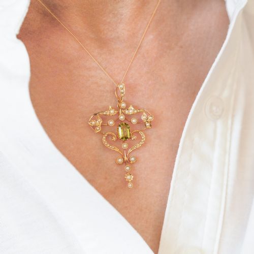 fig 4. Antique Edwardian 15ct Gold Peridot & Pearl Necklace/Pendant - c.1910