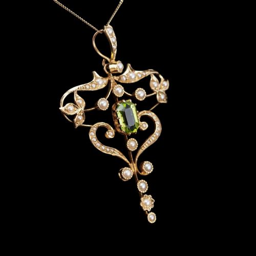 fig 6. Antique Edwardian 15ct Gold Peridot & Pearl Necklace/Pendant - c.1910