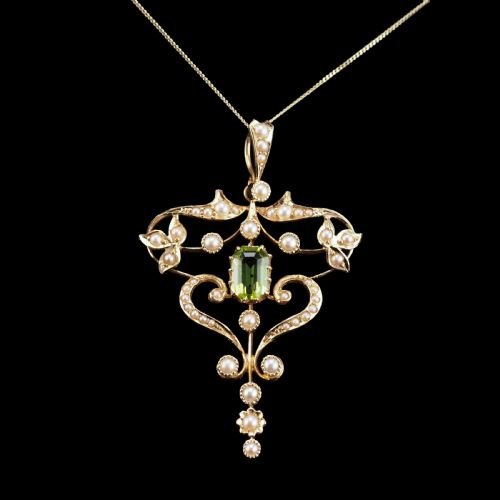 fig 7. Antique Edwardian 15ct Gold Peridot & Pearl Necklace/Pendant - c.1910