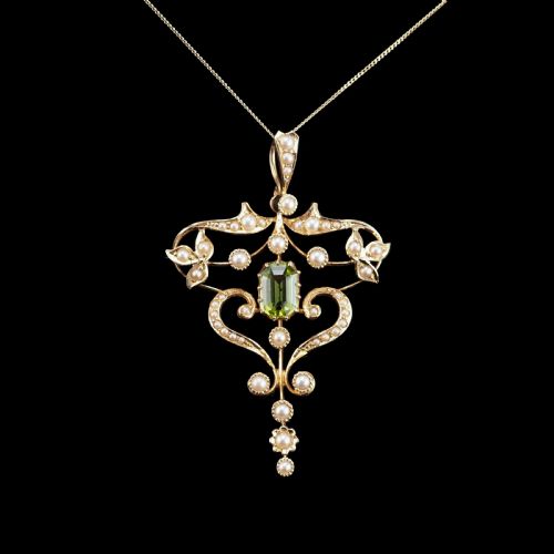 fig 8. Antique Edwardian 15ct Gold Peridot & Pearl Necklace/Pendant - c.1910