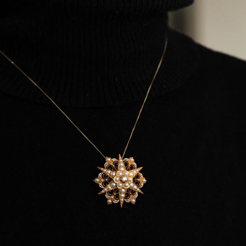fig 1. Antique Victorian 18ct Gold Diamond Pearl Star Necklace/Pendant/Brooch - c.1890