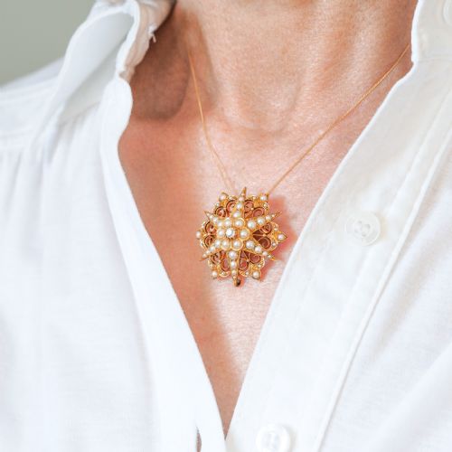 fig 2. Antique Victorian 18ct Gold Diamond Pearl Star Necklace/Pendant/Brooch - c.1890