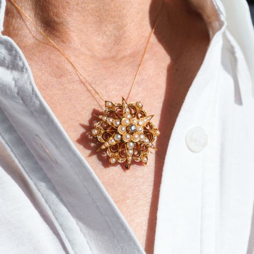 fig 4. Antique Victorian 18ct Gold Diamond Pearl Star Necklace/Pendant/Brooch - c.1890