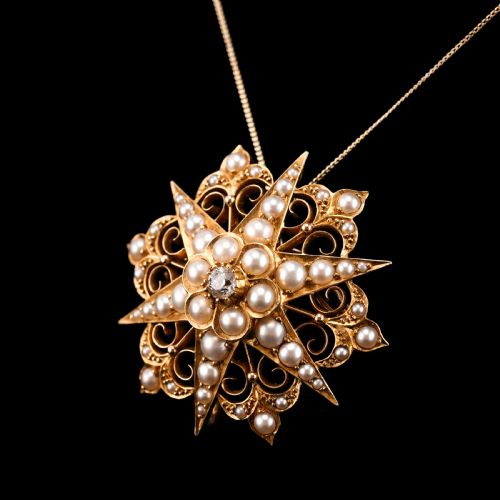 fig 5. Antique Victorian 18ct Gold Diamond Pearl Star Necklace/Pendant/Brooch - c.1890