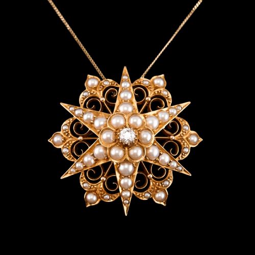 fig 7. Antique Victorian 18ct Gold Diamond Pearl Star Necklace/Pendant/Brooch - c.1890