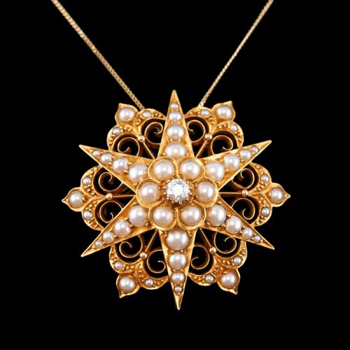 fig 9. Antique Victorian 18ct Gold Diamond Pearl Star Necklace/Pendant/Brooch - c.1890