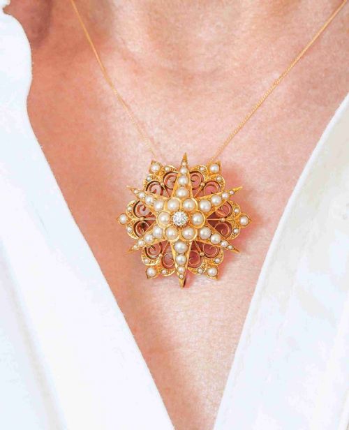 fig 8. Antique Victorian 18ct Gold Diamond Pearl Star Necklace/Pendant/Brooch - c.1890