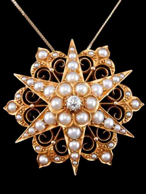 Antique Victorian 18ct Gold Diamond Pearl Star Necklace/pendant/brooch - C.1890