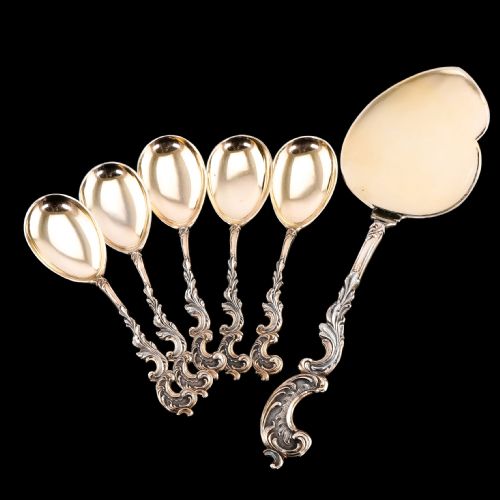 Antique German Solid Silver Icecream Server & Spoons in Rococo Style - C.1900