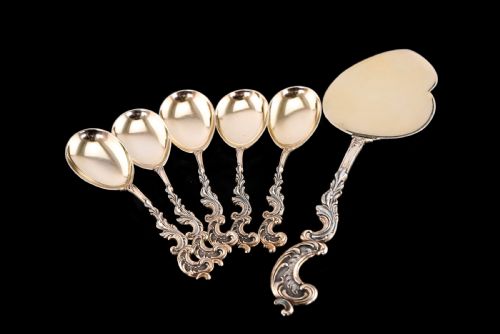 fig 1. Antique German Solid Silver Icecream Server & Spoons in Rococo Style - c.1900