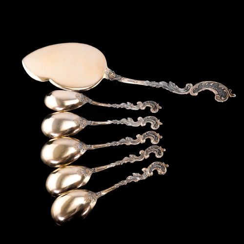 fig 3. Antique German Solid Silver Icecream Server & Spoons in Rococo Style - c.1900