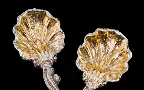 fig 1. Antique Georgian Silver Salt Spoons Rococo Shell Design - 1824