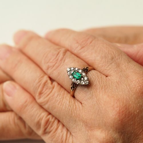 fig 1. Antique Victorian 18ct Gold Emerald & Diamond Navette Cluster Ring - c.1880