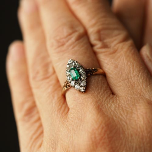 fig 2. Antique Victorian 18K Gold Emerald & Diamond Navette Cluster Ring - c.1880