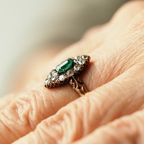 fig 4. Antique Victorian 18K Gold Emerald & Diamond Navette Cluster Ring - c.1880