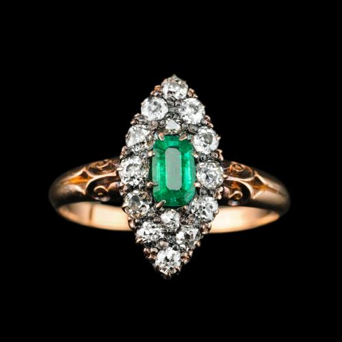 fig 6. Antique Victorian 18K Gold Emerald & Diamond Navette Cluster Ring - c.1880