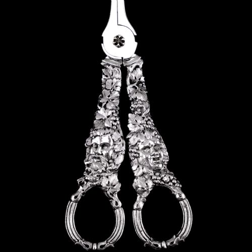 fig 2. Magnificent Antique Georgian Solid Silver Grape Scissors/Shears with Figural Bacchanalia Masks - London c.1830