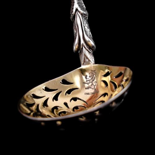 fig 1. Rare Antique Victorian Solid Silver Sugar Sifter/Caster Spoon with Figural Terminal - 1854