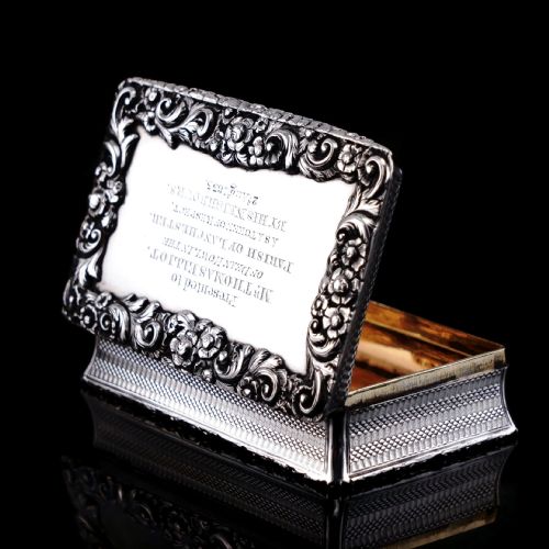 Antique Georgian Silver Table Snuff Box with Engine Turned & Floral Border Decorations - 1829
