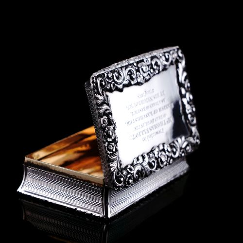 fig 6. Antique Georgian Silver Table Snuff Box with Engine Turned & Floral Border Decorations - 1829