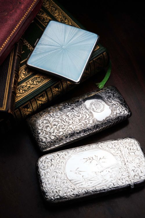 fig 1. Antique Sterling Silver Guilloche Enamel Cigarette Case with Blue Sunburst Top - William Neale & Son Ltd 1913