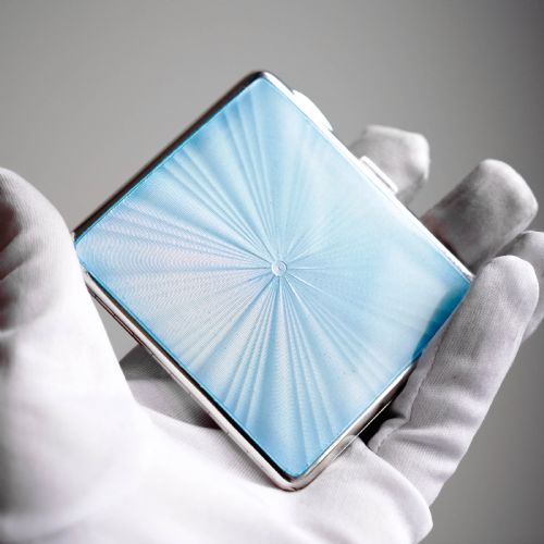 Antique Sterling Silver Guilloche Enamel Cigarette Case with Blue Sunburst Top - William Neale & Son Ltd 1913