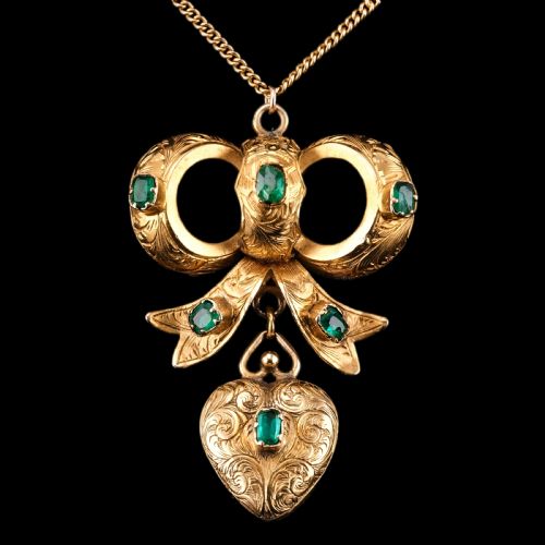 Antique Victorian Emerald 18ct Gold Bow Heart Pendant Necklace - C.1880