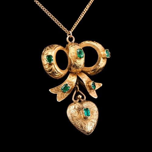 fig 1. Antique Victorian Emerald 18ct Gold Bow Heart Pendant Necklace - c.1880