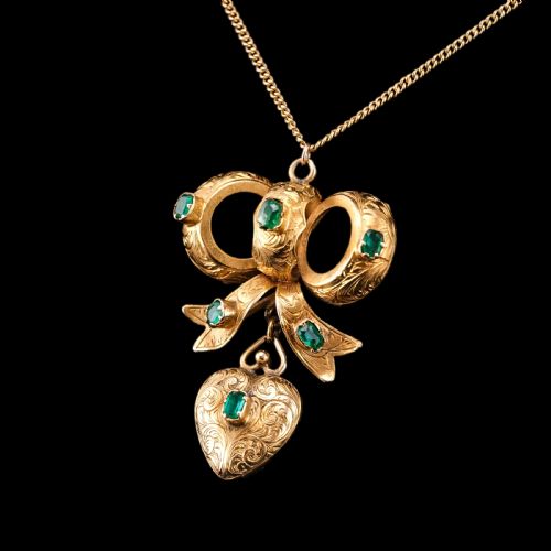 fig 2. Antique Victorian Emerald 18ct Gold Bow Heart Pendant Necklace - c.1880