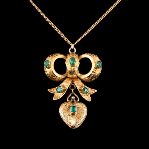 fig 5. Antique Victorian Emerald 18ct Gold Bow Heart Pendant Necklace - c.1880