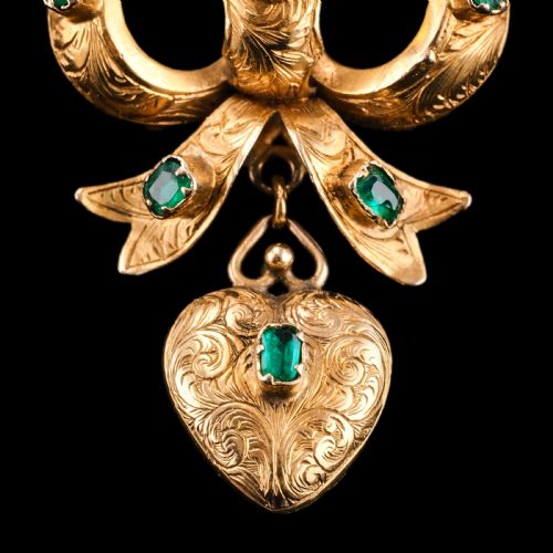 fig 9. Antique Victorian Emerald 18ct Gold Bow Heart Pendant Necklace - c.1880
