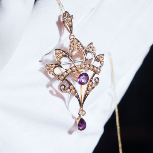 fig 1. Antique Edwardian Amethyst Necklace with Seed Pearls 9ct Gold - c.1900s
