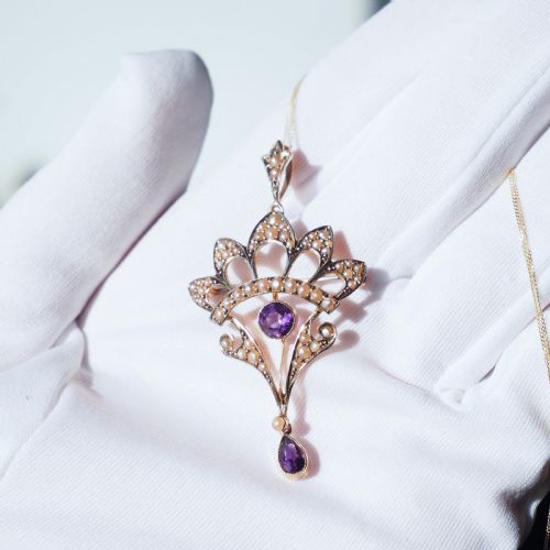fig 2. Antique Edwardian Amethyst Necklace with Seed Pearls 9ct Gold - c.1900s