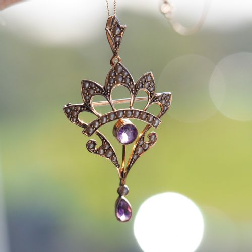 fig 3. Antique Edwardian Amethyst Necklace with Seed Pearls 9ct Gold - c.1900s