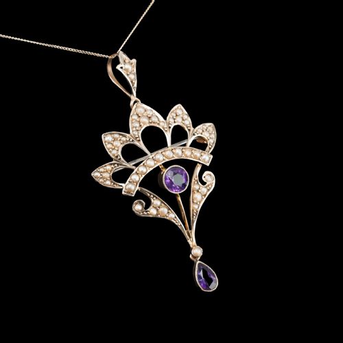 fig 5. Antique Edwardian Amethyst Necklace with Seed Pearls 9ct Gold - c.1900s