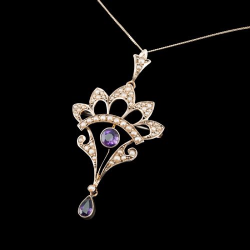 fig 6. Antique Edwardian Amethyst Necklace with Seed Pearls 9ct Gold - c.1900s