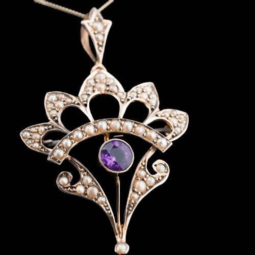 fig 7. Antique Edwardian Amethyst Necklace with Seed Pearls 9ct Gold - c.1900s