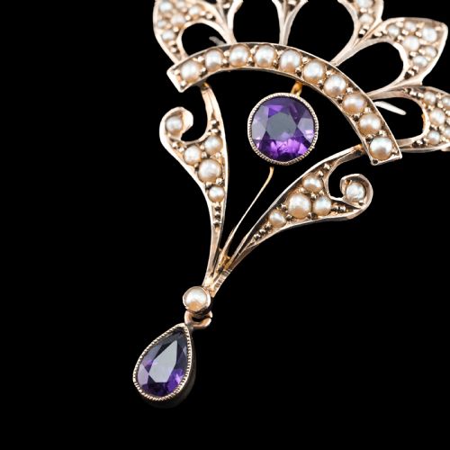 fig 8. Antique Edwardian Amethyst Necklace with Seed Pearls 9ct Gold - c.1900s
