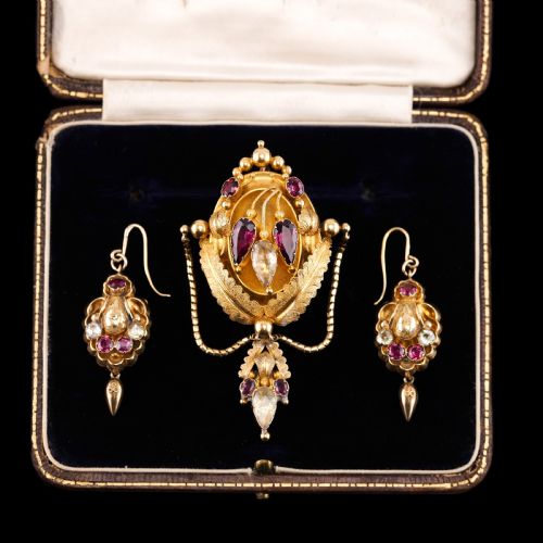 Antique Victorian 18k Gold Brooch/pendant & Earrings Garnet & Chrysoberyl - Etruscan Revival C.1870