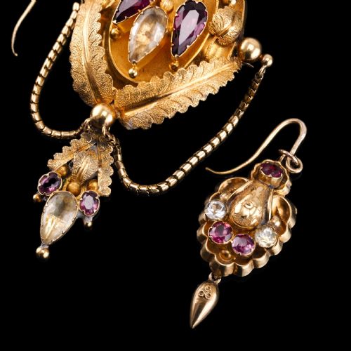 fig 2. Antique Victorian 18K Gold Brooch/Pendant & Earrings Garnet & Chrysoberyl - Etruscan Revival c.1870