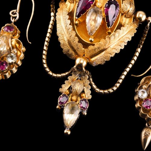 fig 3. Antique Victorian 18K Gold Brooch/Pendant & Earrings Garnet & Chrysoberyl - Etruscan Revival c.1870