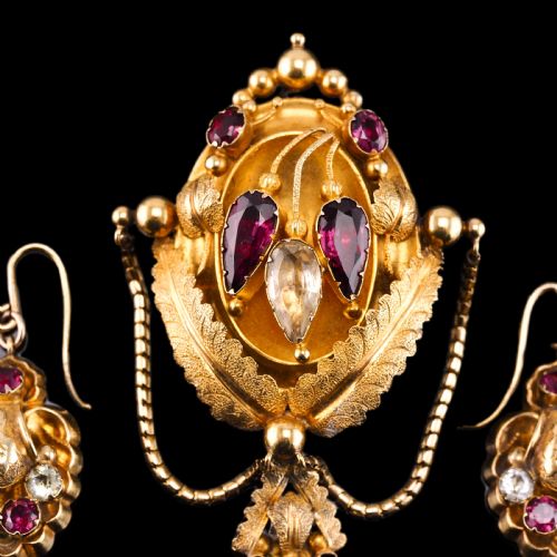 fig 4. Antique Victorian 18K Gold Brooch/Pendant & Earrings Garnet & Chrysoberyl - Etruscan Revival c.1870