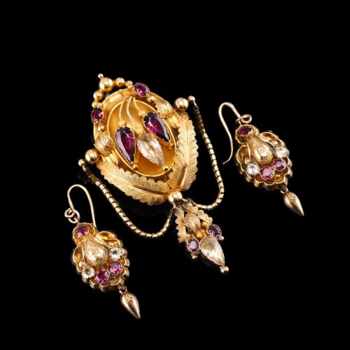 fig 5. Antique Victorian 18K Gold Brooch/Pendant & Earrings Garnet & Chrysoberyl - Etruscan Revival c.1870